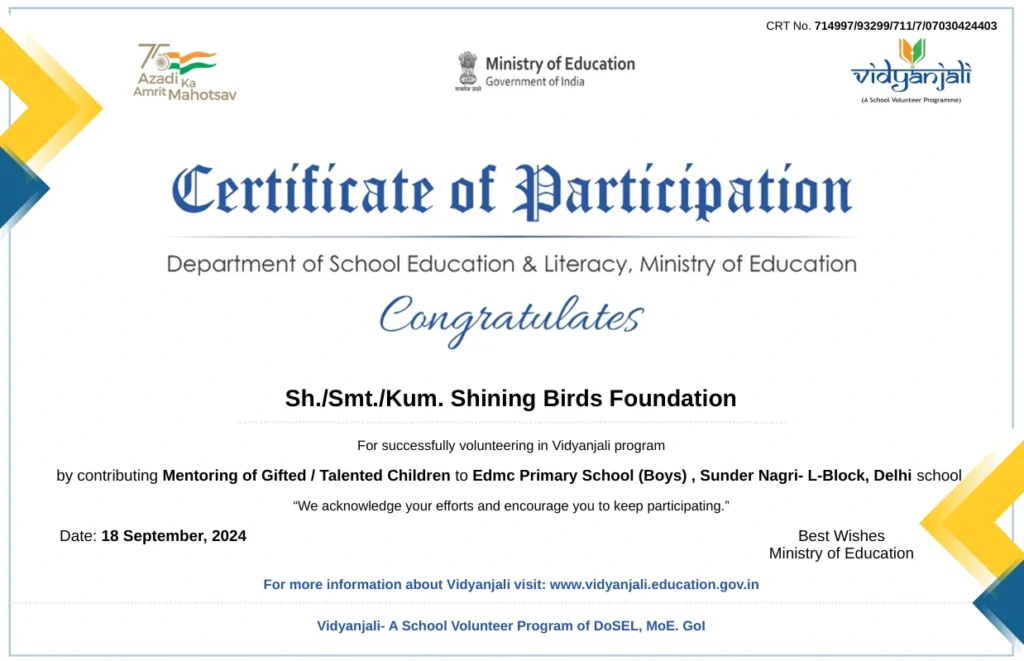 Certificate Shining Birds Foundation